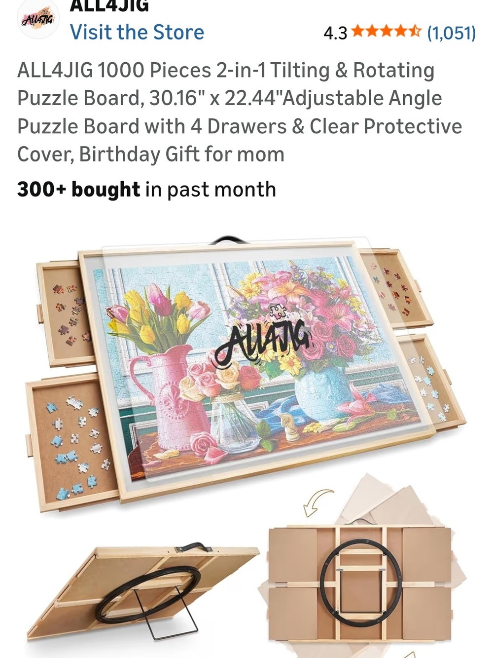 Adjustable Wooden Puzzle Board with Drawers - Floral Puzzle Display
